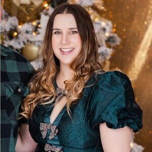 entro Dark Green Embroidered Puff-Sleeve Dress with Rhinestone Bow Accents